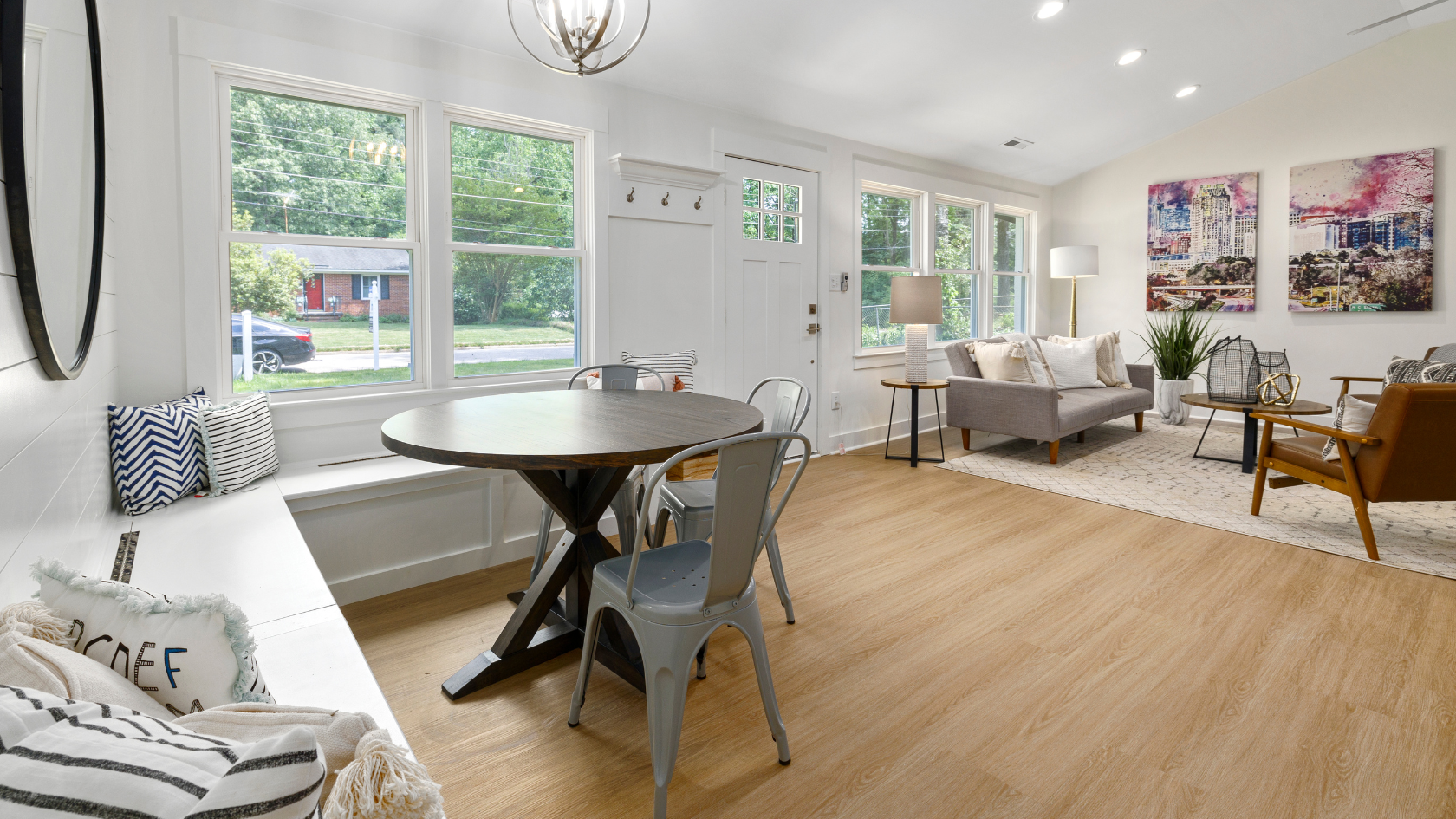 A living room filled with furniture and a table